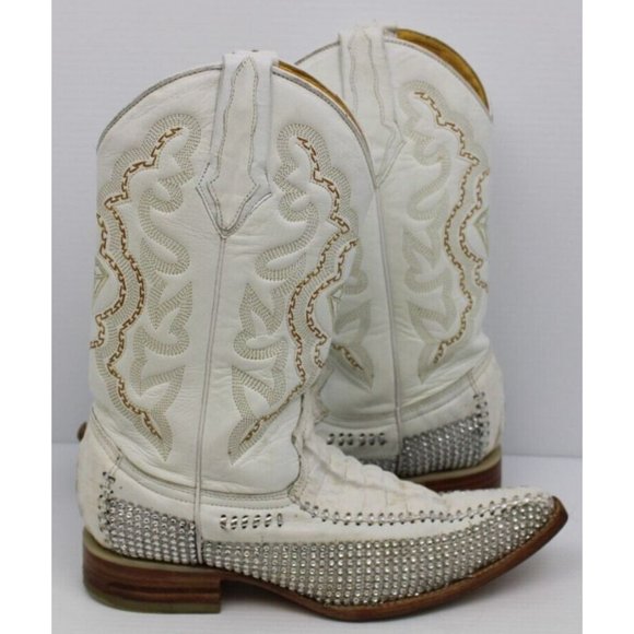 Vintage Mens White Diamond Crocodile Leather Sequin Stitched Cowboy Boots Sz 6.5 main image 6